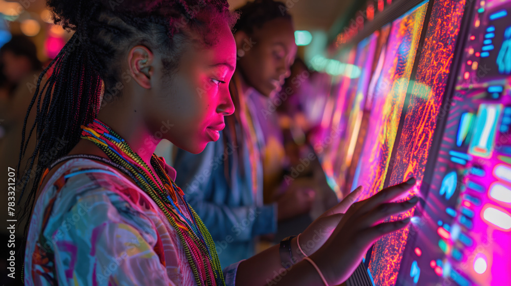 Obraz premium Young Girl Engaged in Interactive Digital Exhibition at Modern Museum