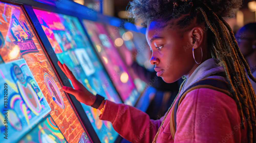 Obraz premium Young Woman Playing Arcade Games in Vibrant Gaming Hall