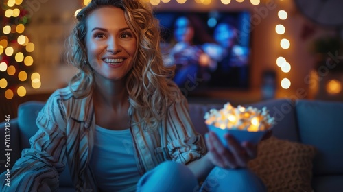 Young happy woman changing channels with remote control while watching TV and eating popcorn in the evening at home.