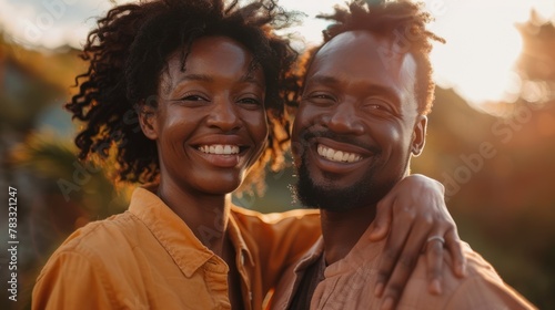 A man and a woman stand close to each other, both smiling at the camera. Both are wearing orange shirts. The sun is setting in the background.