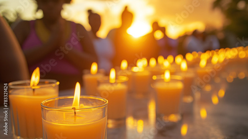 Candlelight Vigil at Sunset with People Gathering in Remembrance