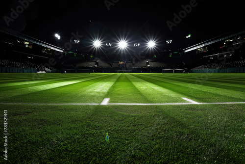 Tennis court lawn  grass net stadium spotlights  night time. Deserted isolation sport in preparation. Copy space