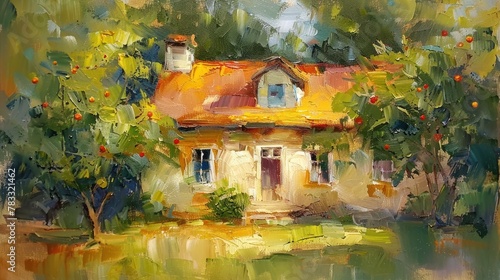 Oil painting of a small yellow house with a red roof, surrounded by green trees and bushes. The colors are vibrant and the light looks warm and bright.