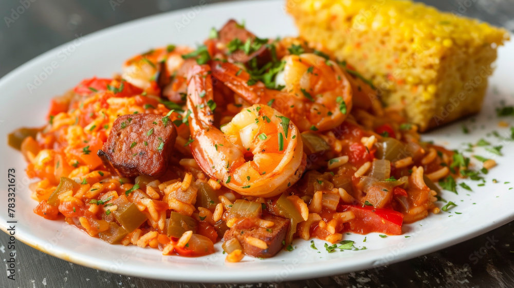 Spicy jambalaya with shrimp, sausage, and cornbread, an american southern cuisine Spicy jambalaya with shrimp, sausage, and cornbread, an american southern cuisine
