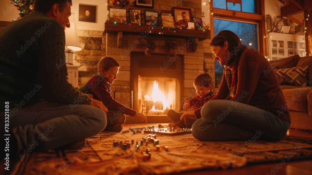 Obraz premium The family is sitting on the hardwood floor, sharing a fun board game event in front of the fireplace, enjoying the warmth and darkness. AIG41