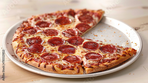 Delicious slice of pepperoni pizza on a metallic tray, showcasing melted cheese and vibrant tomato sauce