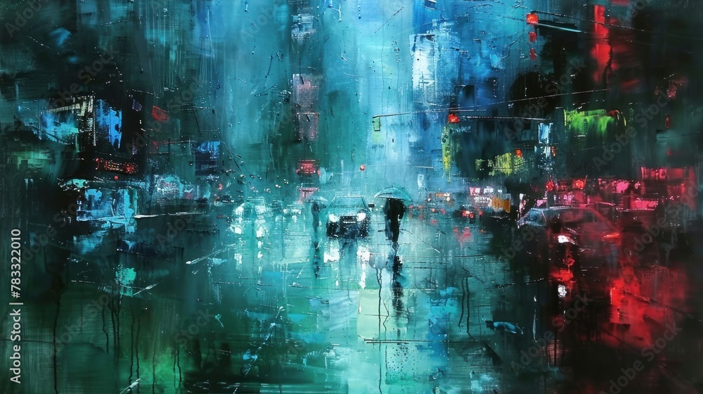 Oil painting of a night city street. The street is filled with cars and traffic lights, and the buildings are colorful. The colors are vibrant, with shades of red, green and blue. The mood is gloomy a
