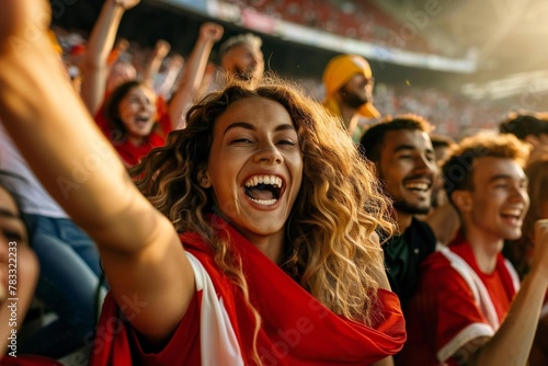 Group of diverse people cheering at football stadium
