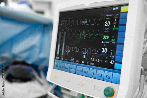 Monitor screen with vital sign and ECG data of patient during surgery inside operating room in hospital.Monitor people under anesthesia. showing patient heart rate and blood pressure