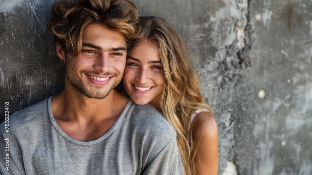 A man and woman smiling while leaning against a wall, AI A man and woman smiling while leaning against a wall, AI