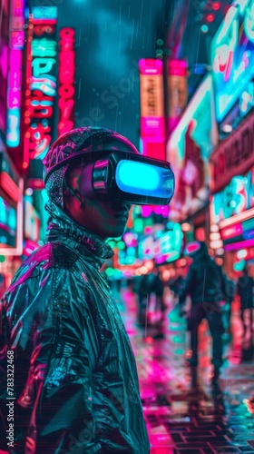 Virtual reality in neon colors and pink colors, futuristic cyberman wearing virtual reality glasses on the street of the future city