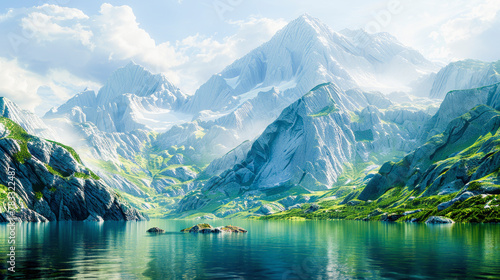 Wallpaper Mural Scenic landscape featuring serene lakes, lush greenery, and majestic mountains under a clear blue sky. Tranquil natural beauty. Torontodigital.ca