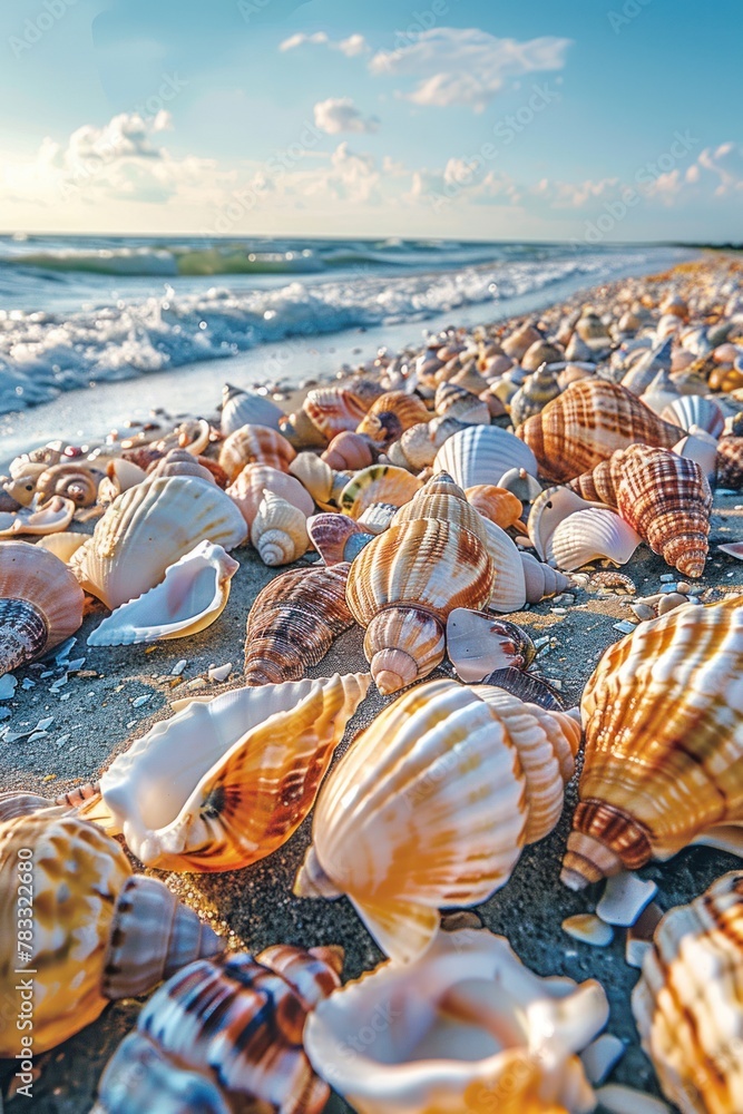 A variety of shells can be seen scattered across the sand. The shells come in different shapes, sizes, and colors. Some are larger while others are smaller. A variety of shells can be seen scattered across the sand. The shells come in different shapes, sizes, and colors. Some are larger while others are smaller.