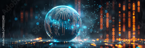 Digital sphere constructed with illuminated lines sits atop a sleek, futuristic platform, surrounded by a vibrant neon glow and soft bokeh light effects. Advanced technology or a virtual environment.