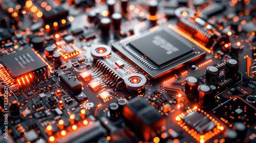 Close-up view of an illuminated circuit board with microchips and electronic components, showcasing modern computer hardware technology. photo