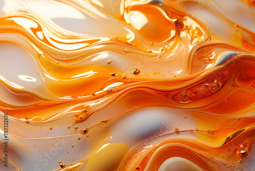 A detailed view of an abstract painting with a vibrant sun in the background. Mesmerizing swirls and ripples of orange and pink hues intertwined with golden specks 