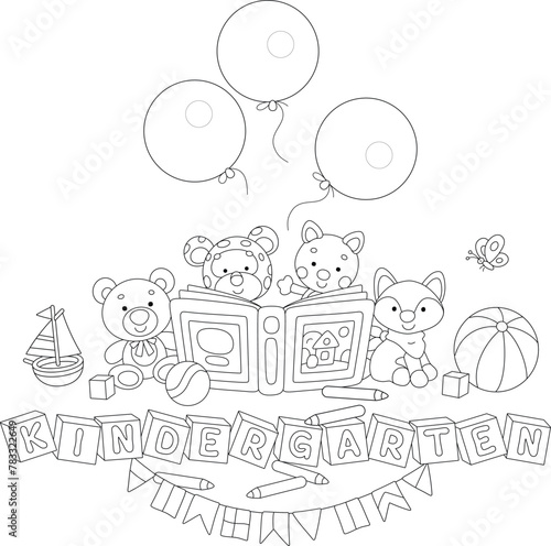 Funny toys with cute cartoony baby animals reading a book of fairy tales, bricks with letters, flags and holiday balloons in a kindergarten, black and white vector cartoon illustration