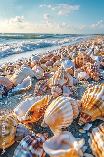 A variety of shells can be seen scattered across the sand. The shells come in different shapes, sizes, and colors. Some are larger while others are smaller. photo