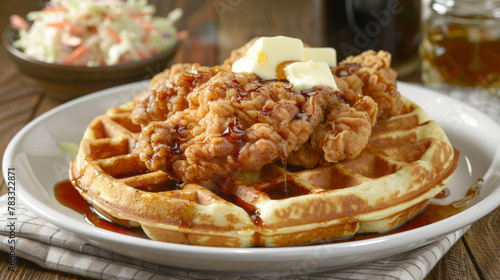 Classic american dish of fried chicken on waffles with syrup, butter, and a side salad