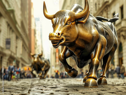 Iconic Wall Street Bull Statue in Busy Urban Setting