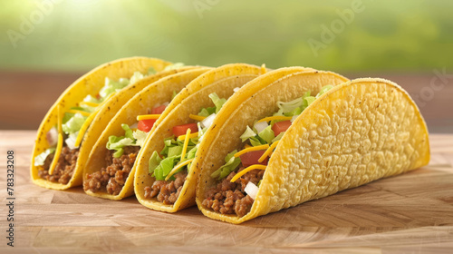 Four appetizing tacos with beef, cheese, and lettuce on a wooden surface photo