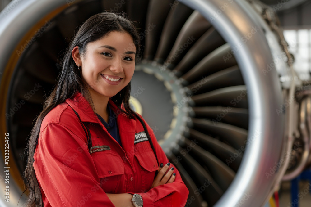 Smiling Hispanic, women plane engineer, fixing large, jet engine plane ...