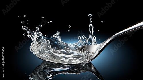 A close-up shot of a dynamic water splash from a metal spoon, showcasing the beauty of fluid motion and reflection