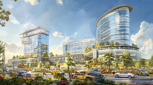An artistic rendering of a large glass and steel building complex with people and cars in the foreground.
