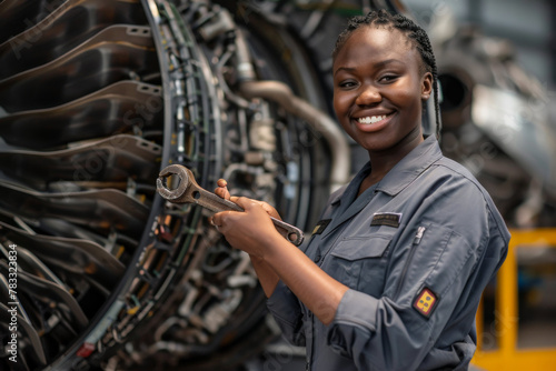 Smiling female black aircraft engineer jet engine with spanner. Diversity, aviation, industry, women afro-Caribbean ethnic inclusivity