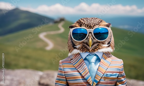 Owl wearing trendy colorful suit and sunglasses. Portrait medium shot. Natural blue sky scene