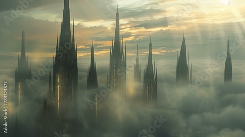 Spires architectual, city of future, fantasy built structure silhouette spooky technology