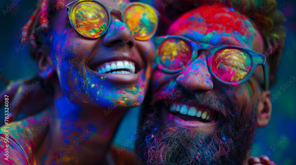 Obraz premium Cheerful couple in love at the festival of colors Holi