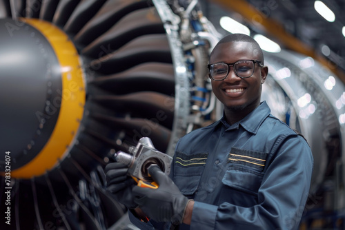 Smiling male black aircraft engineer jet engine with spanner. Diversity, aviation, industry, afro-Caribbean ethnic inclusivity