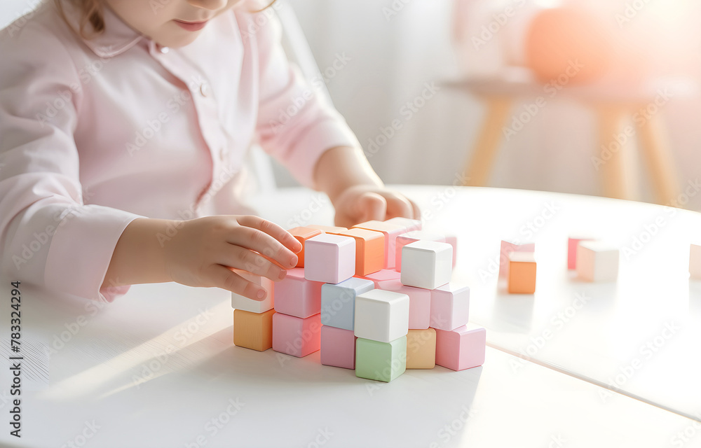 children's hands playing toy cubes on a white wooden table soft children's hands playing toy cubes on a white wooden table soft