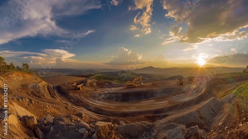 Gold mining, open pit with waste sand and earth for gold ore mining, mining of minerals and ores and precious metals photo