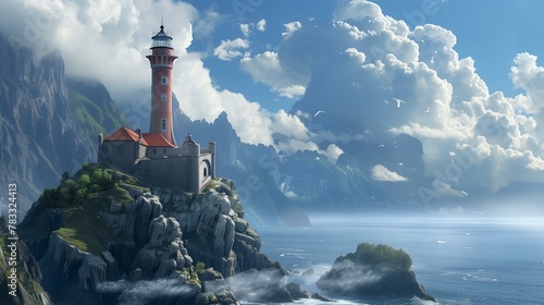 Lighthouse architectual, lighthouse on rocky island, direction mountain building exterior seascape beacon