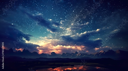 A dreamlike mountainscape under a starlit sky reflecting in a serene lake, exuding mystery and tranquility