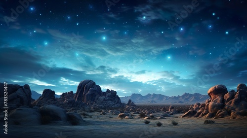 A tranquil desert landscape bathes under a blanket of twinkling stars, evoking a sense of peace and solitude