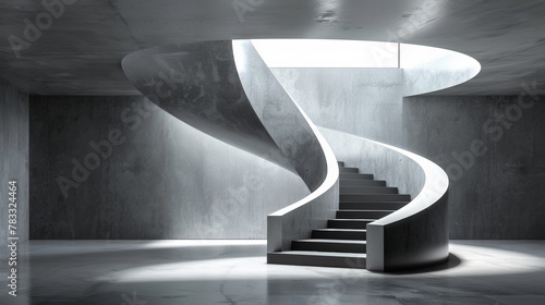 A concrete spiral staircase in a room with white walls, AI