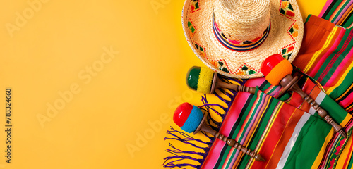Bright Cinco de Mayo background with mexican sombrero hat  maracas