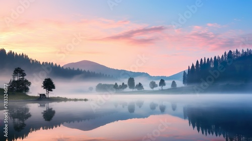 Serene morning at a still lake with mist, reflections of trees, and a peaceful ambiance