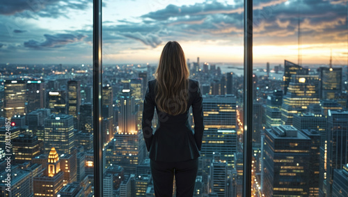 Person in office space, overlooking a stunning cityscape at dusk. Urban skyline is adorned with illuminated high rise buildings under a cloudy sunset, all reflected in the window glass.
