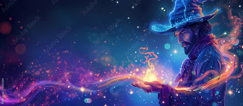 Man wearing a hat and blue robe while holding a magical wand Man wearing a hat and blue robe while holding a magical wand