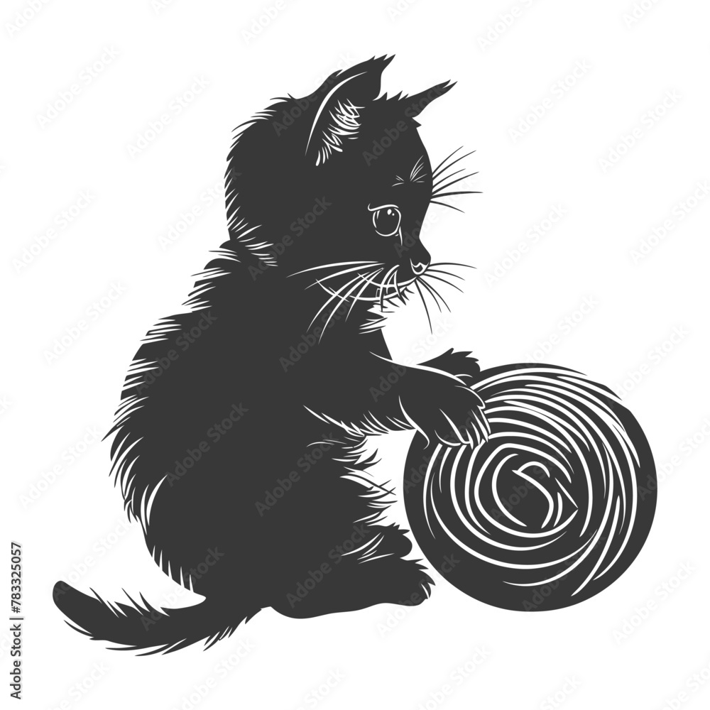 Silhouette kitten animal playing woll roll black color only Silhouette kitten animal playing woll roll black color only
