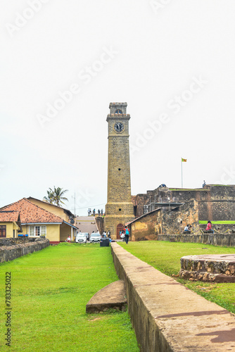 Galle Clock Tower and Galle Fort Wall in Galle Fort, Galle, Sri Lanka.