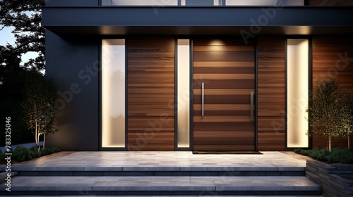 Impressive front door design of a modern home with wooden features, elegant lighting, and stone steps photo