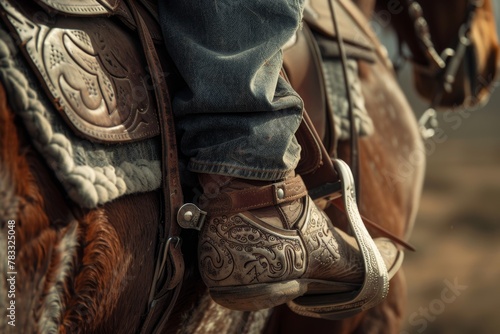 Close-up of cowboy boots and saddle on horse in rustic outdoor setting