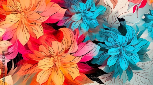 Artistic close-up view of abstract flowers with a stunning explosion of red and blue colors