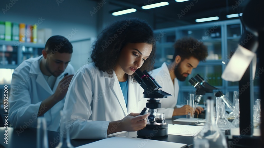 In a modern laboratory setting, a highly focused professional is examining a specimen through a microscope