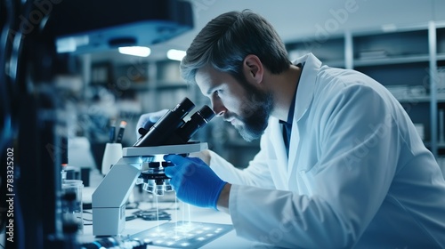 An adept male researcher is engrossed in examining samples using the microscope in a high-tech lab environment